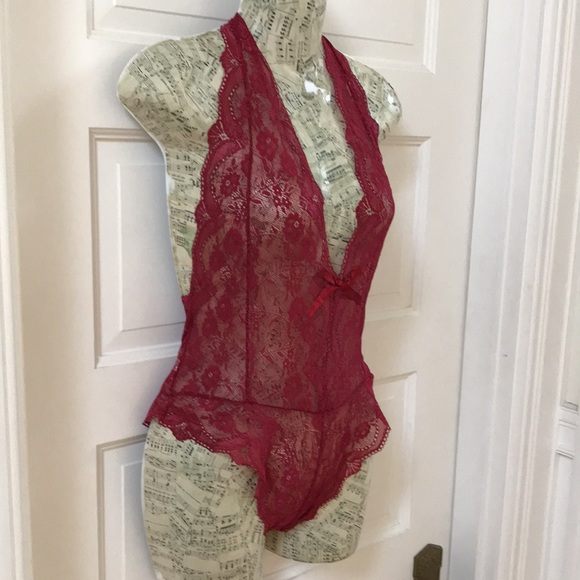 Avid Love sz Small lace bodysuit Haler top scalloped edge deep wine red sheer - Picture 5 of 13